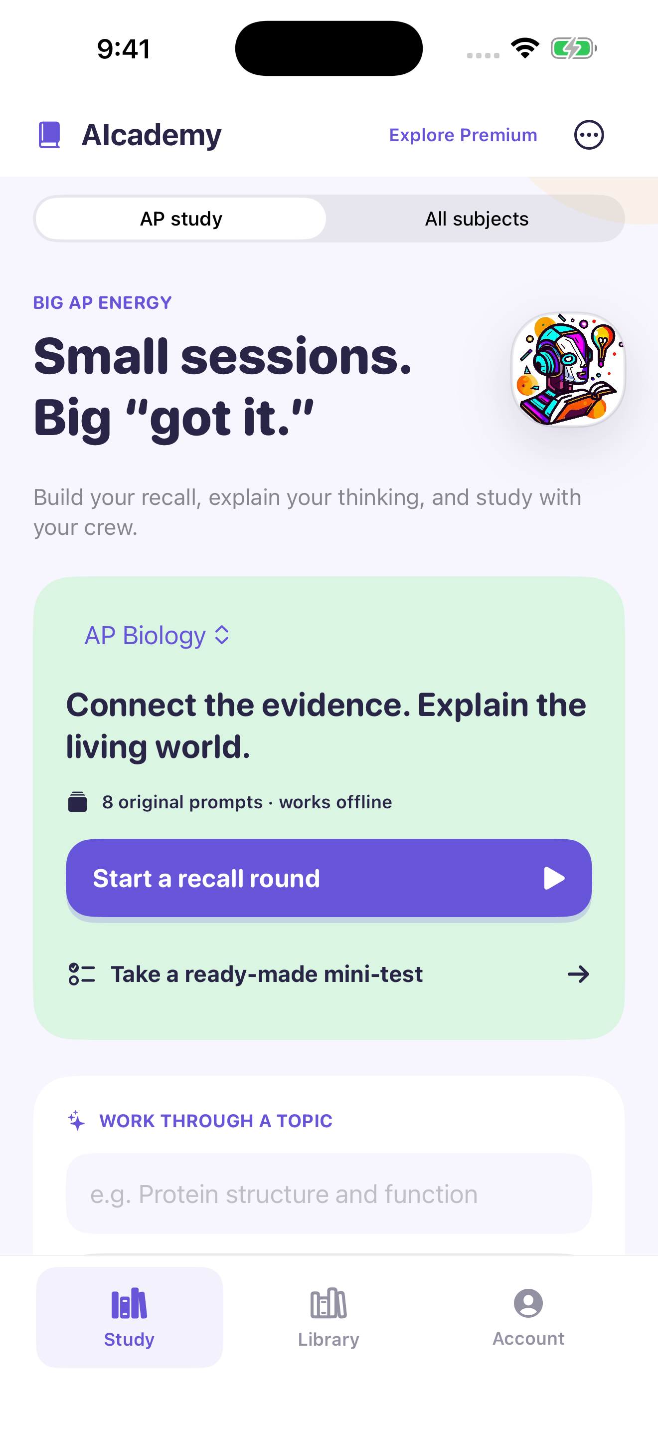 AIcademy 3 AP study home, with original Biology practice and recall rounds.