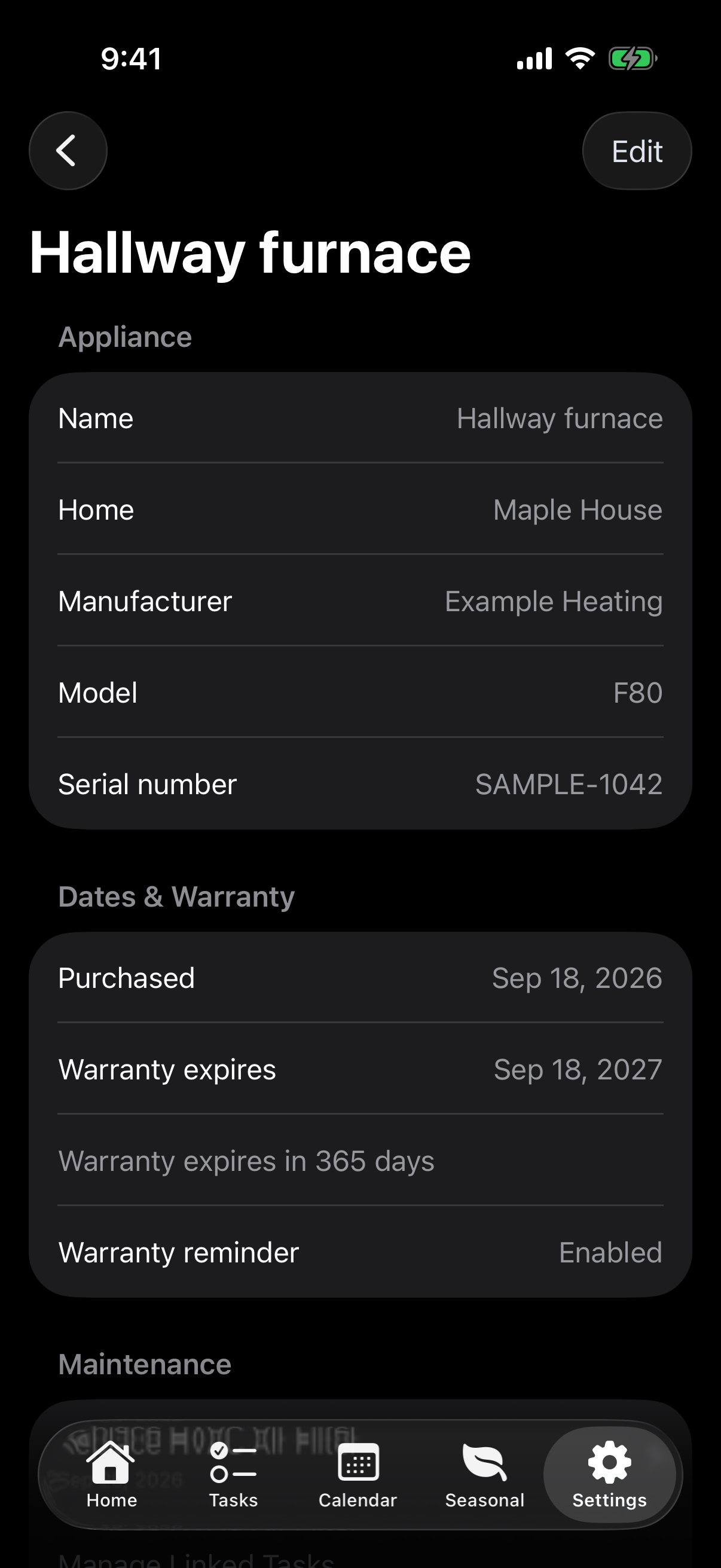 A sample furnace record in HomeKeep showing model, serial number, purchase date, and warranty reminder.