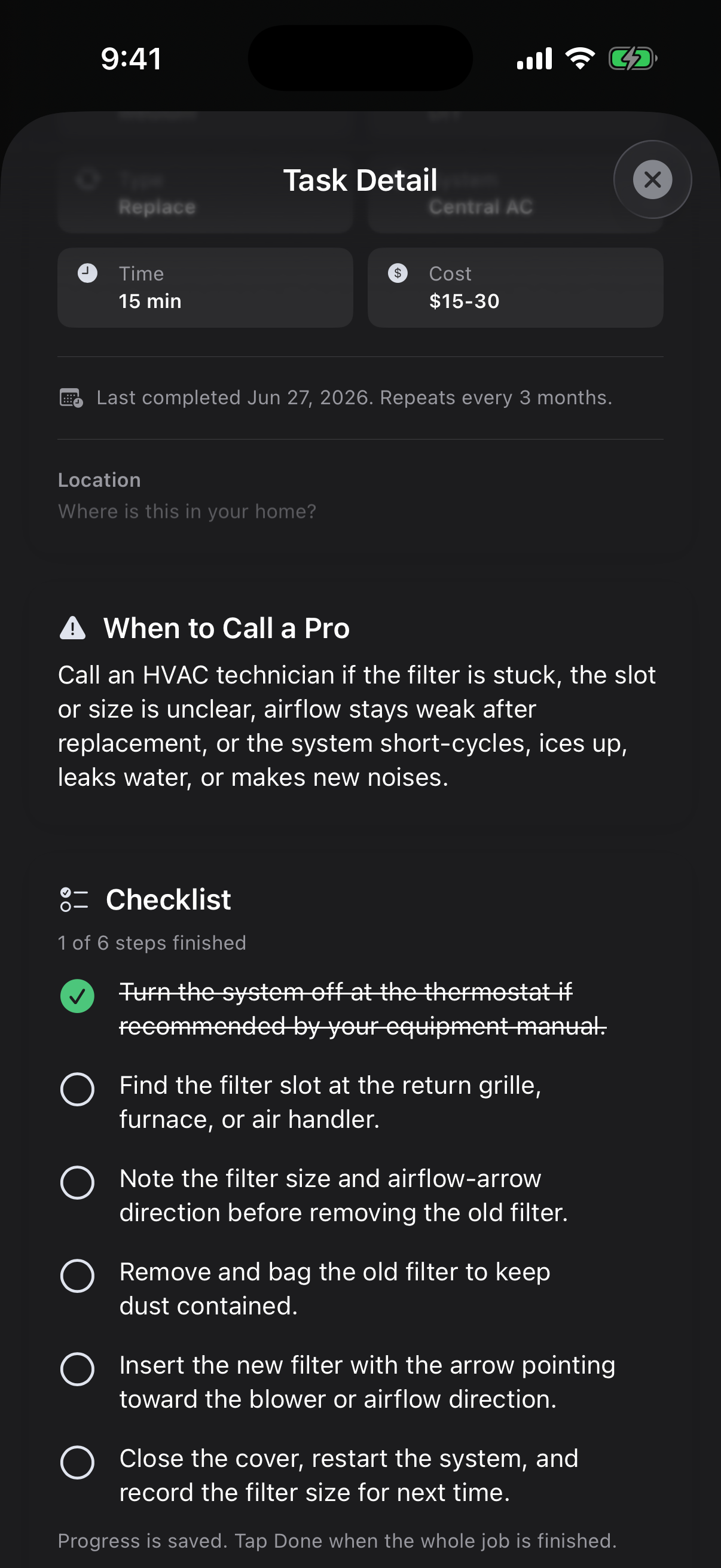 A HomeKeep task checklist with one of six maintenance steps checked and progress saved.